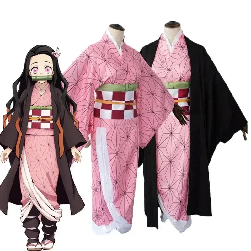 Nezuko Cosplay Costume With Wig Props For Adults Kids Halloween