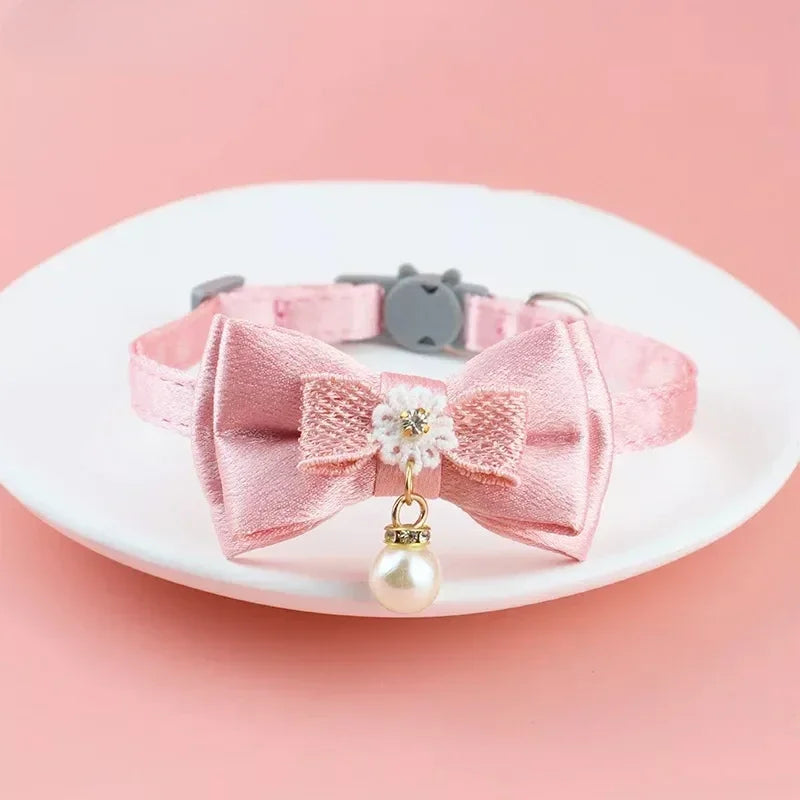 Pet Collar Pink Lace Bow Bell Adjustable Cat Dog Accessories