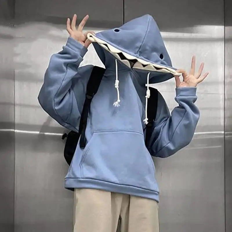Shark Sweatshirt Blue Hooded Long Sleeve Cartoon Animal Pullover