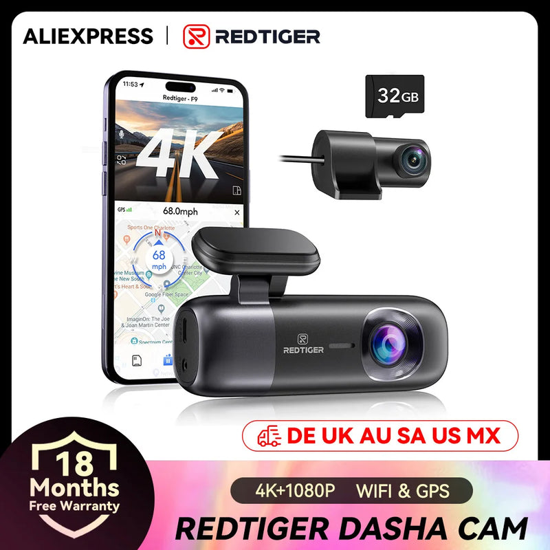 REDTIGER F9 4K Dash Cam Front Rear WiFi GPS Night Vision