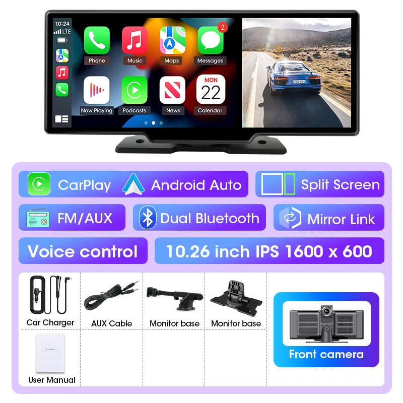 10 Inch 4K Dash Cam Car DVR Dual Lens Wireless Carplay GPS