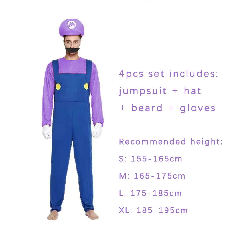 4pcs Luigi Cosplay Costume Super Bros Jumpsuit Anime Outfit