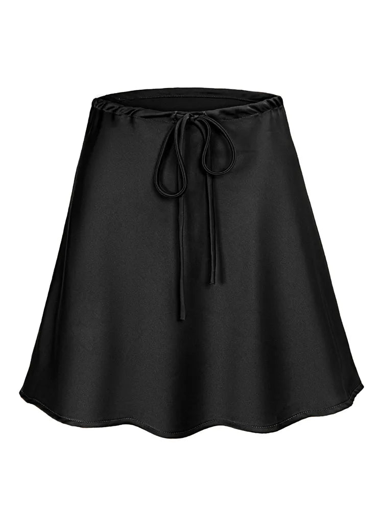 Satin Mini Skirt Women High Waist Drawstring A Line Summer Silk