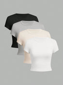 4 Pieces Women's Basic Short Sleeve T-Shirt Solid Color Summer Top