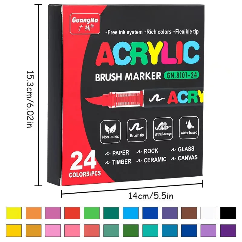 24 Colors GuangNa Acrylic Pens Dual Tip Markers For Drawing Painting