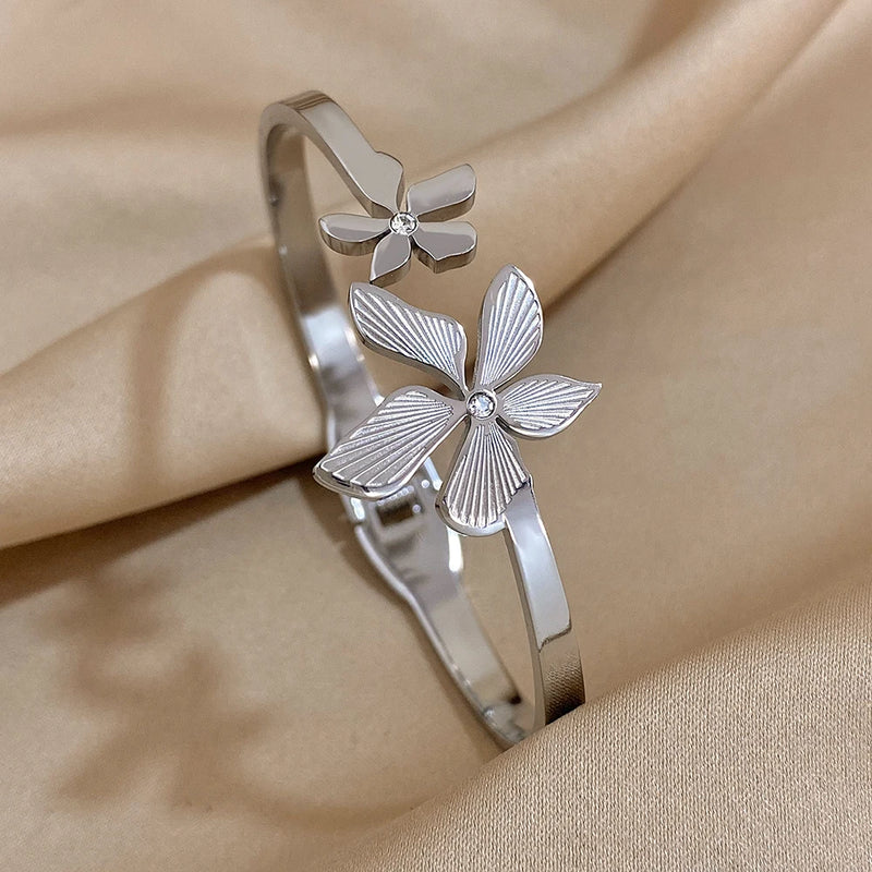 Greatera Stainless Steel Flower Cuff Bracelet Gold Floral Bangle Women
