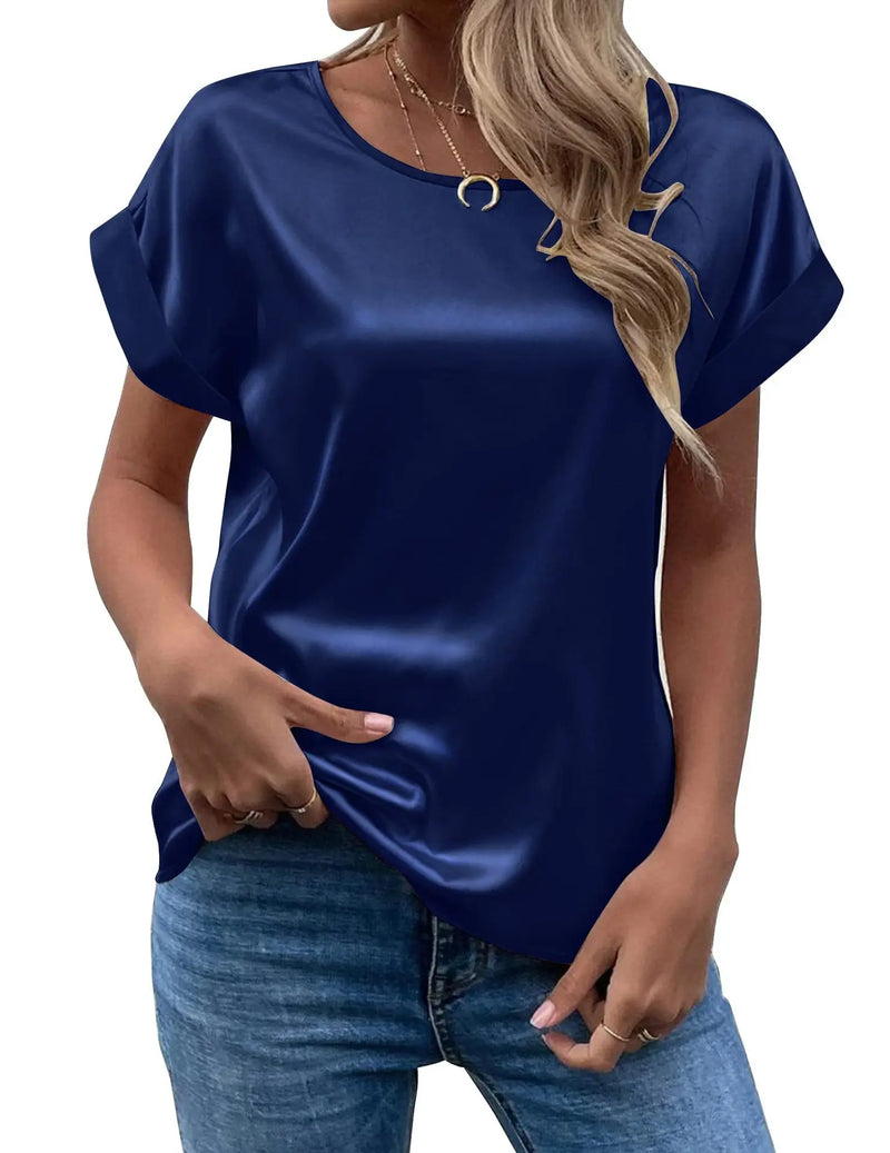 Women's Satin Shirt Short Sleeve Loose Casual Round Neck T-shirt