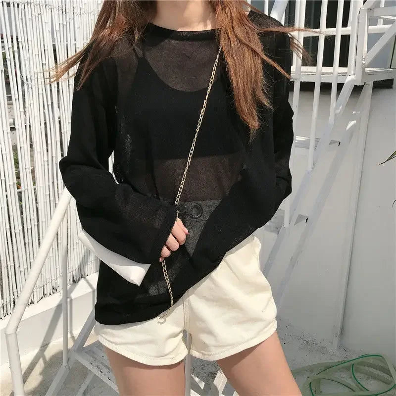 Sheer T-shirts Women Loose Fit Summer Long Sleeve Breathable Top