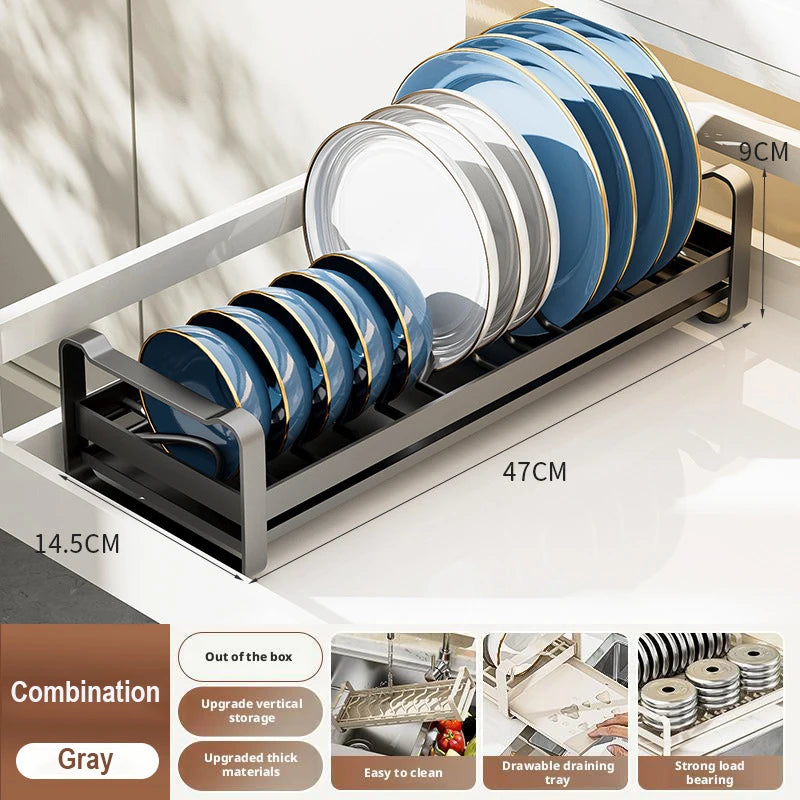 Pull Out Cabinet Shelf Stainless Steel Plate And Bowl Rack Organizer