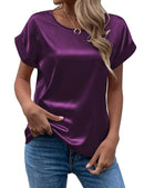 Women's Satin Shirt Short Sleeve Loose Casual Round Neck T-shirt