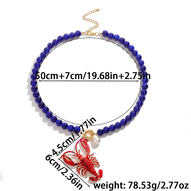 Lobster Bead Necklace Handmade Crystal Enamel Pendant Beach Accessory