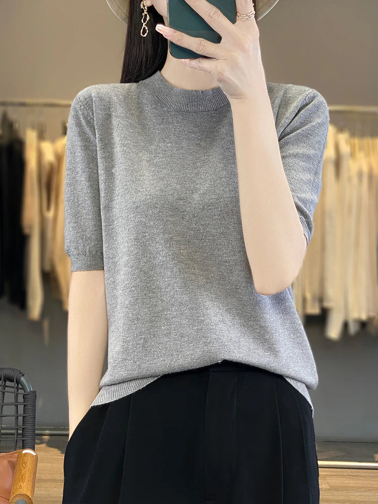 Women Short-Sleeved Knitwear Top O-Neck Lyocell Summer Tee