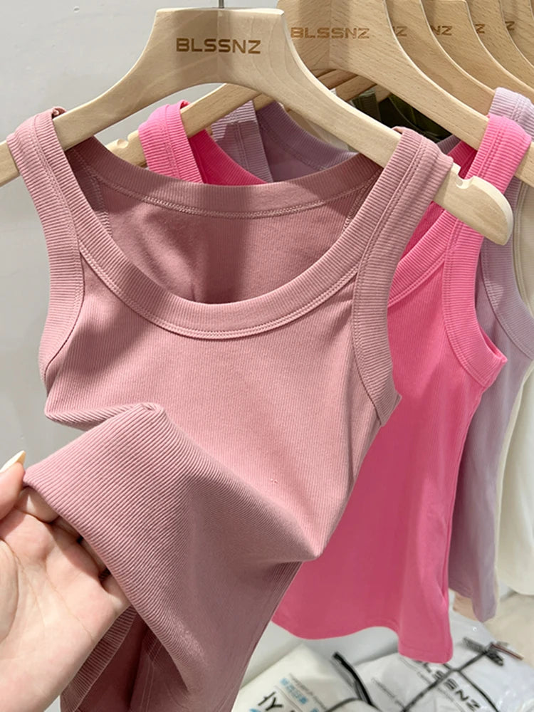 Zjaiss Women Ribbed Tank Top Solid Round Neck Stretchy Camisole
