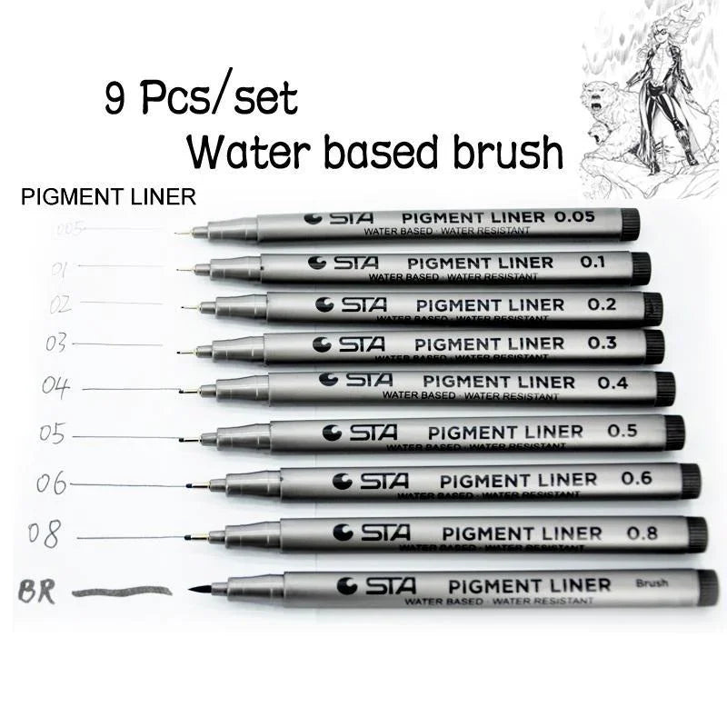 9pcs Black Liner Pen Set Brush Sketch Drawing Markers