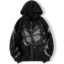 Y2k Women's Oversized Hoodie Black Zip Up Butterfly Print Loose