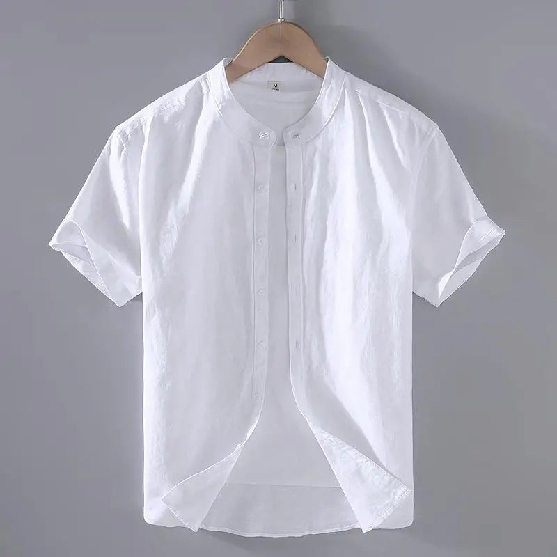 Men's Short-Sleeved Shirt Cotton Linen Casual Stand Collar Plus Size