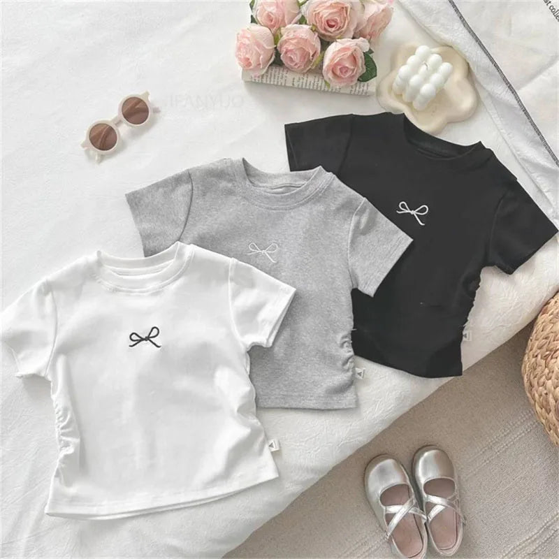 Kids Short Sleeve T-shirt Cotton Bowknot Casual Summer Tee For Girls