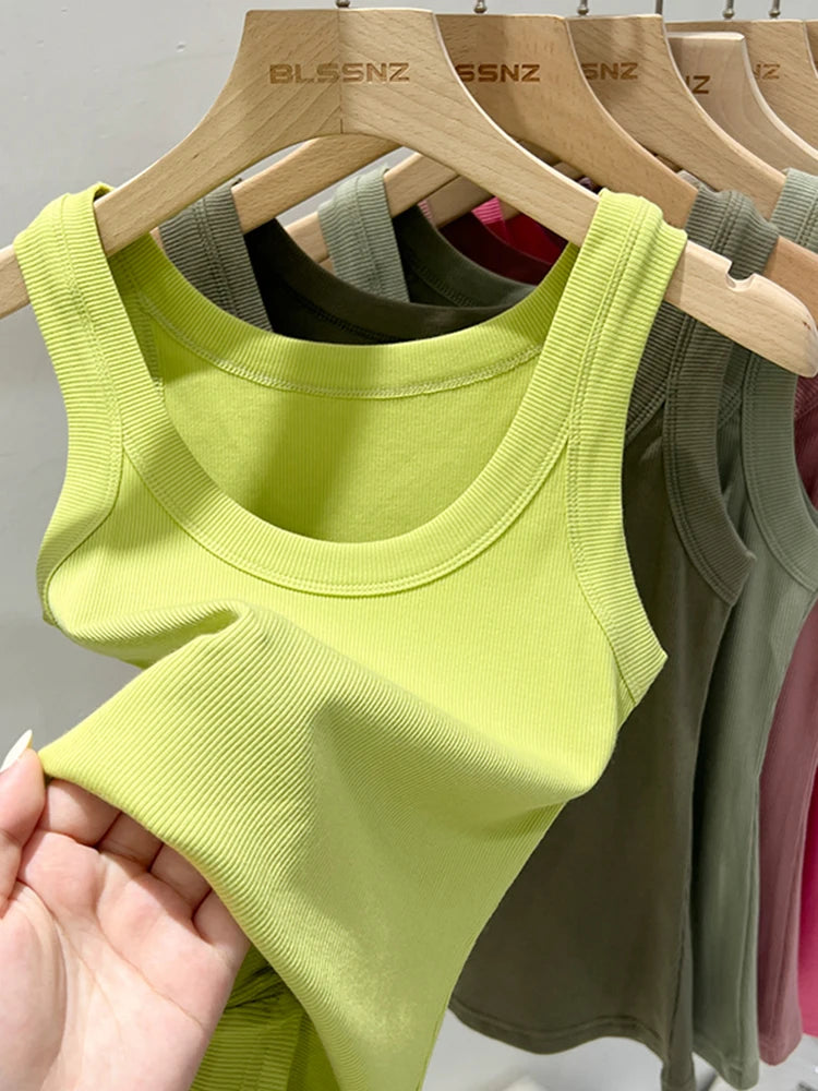 Zjaiss Women Ribbed Tank Top Solid Round Neck Stretchy Camisole