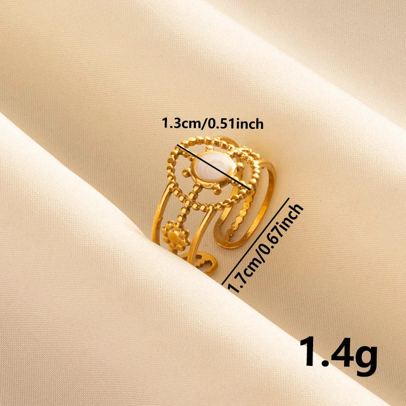 Bohemian Adjustable Stainless Steel Ring White Enamel Gold Color
