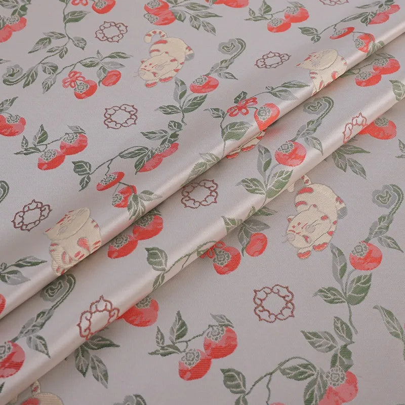 Persimmon Blessing Cat Pattern National Style Brocade Fabric DIY