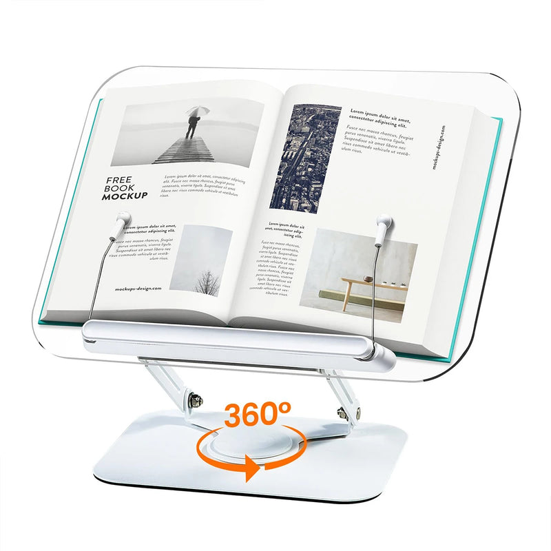 Adjustable Acrylic Book Stand With 360 Degree Rotating Base And Clips