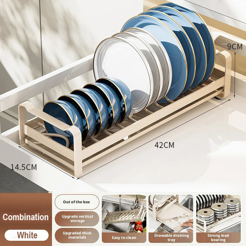 Pull Out Cabinet Shelf Stainless Steel Plate And Bowl Rack Organizer