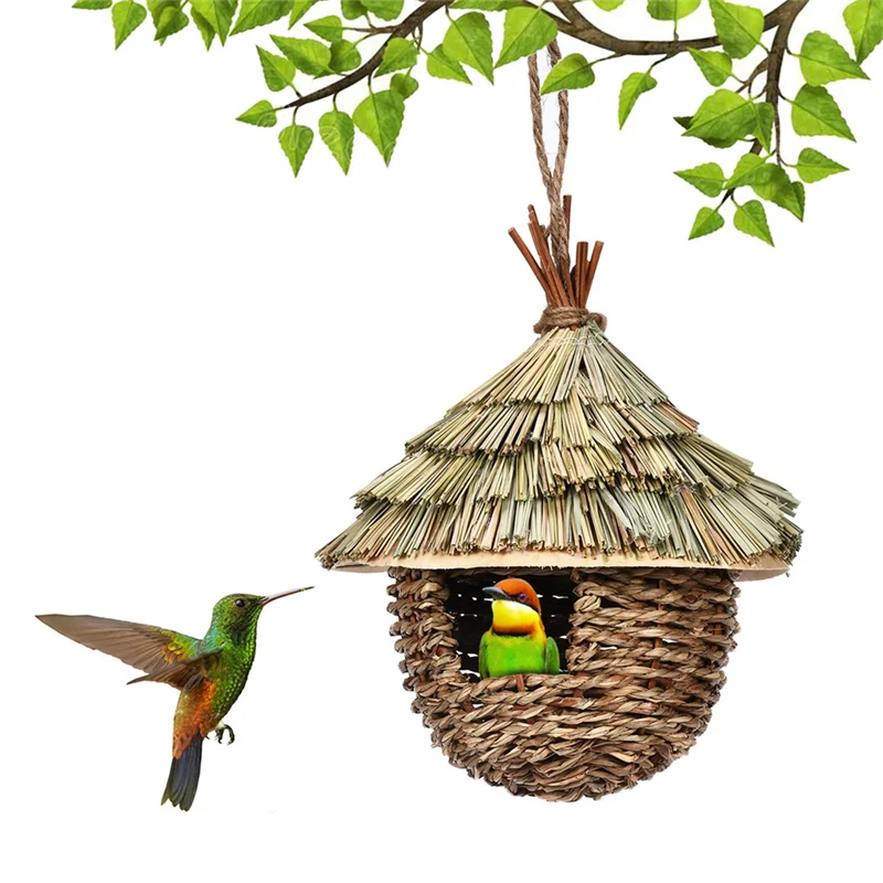 A96K Hanging Bird Nest Straw Grass Outdoor Hummingbird House