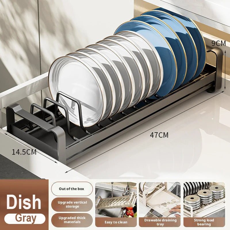 Pull Out Cabinet Shelf Stainless Steel Plate And Bowl Rack Organizer