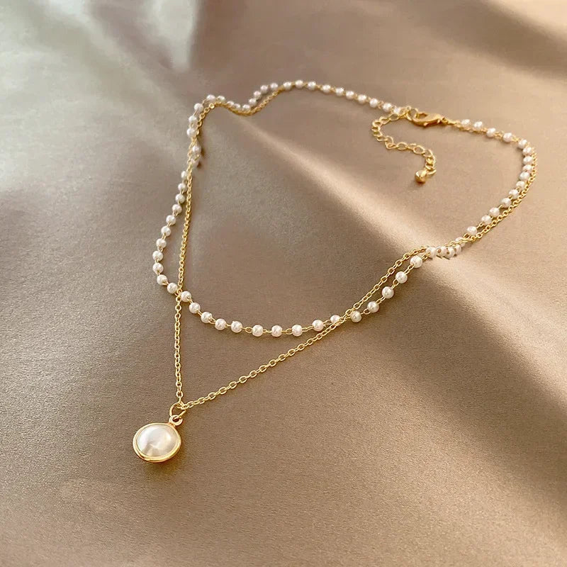Women's Pearl Necklace Gold Beads Double Layer Chain Choker