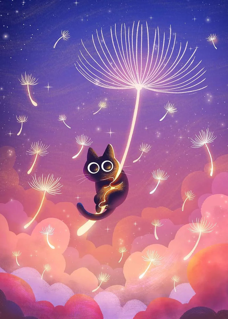 Black Cat Canvas Wall Art Moon Star Forest Cartoon Illustration