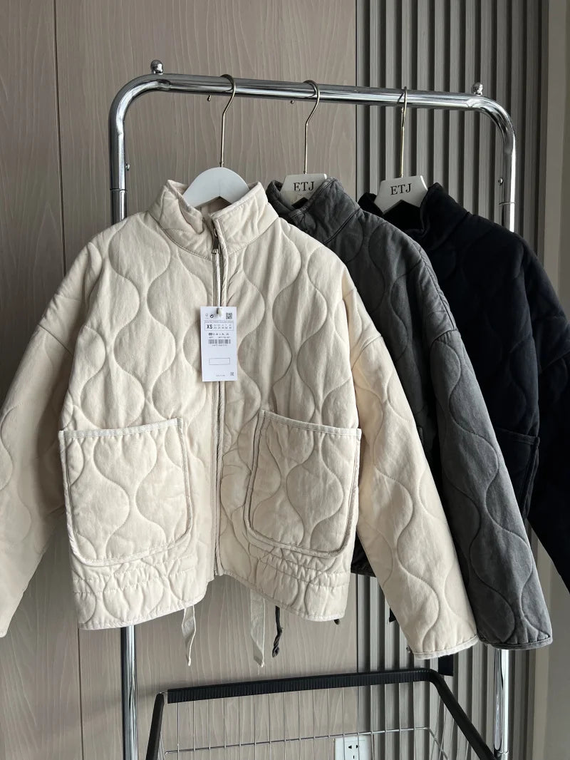ZW Women's Cotton Jacket Vintage Quilted Coat High Collar Large Pockets