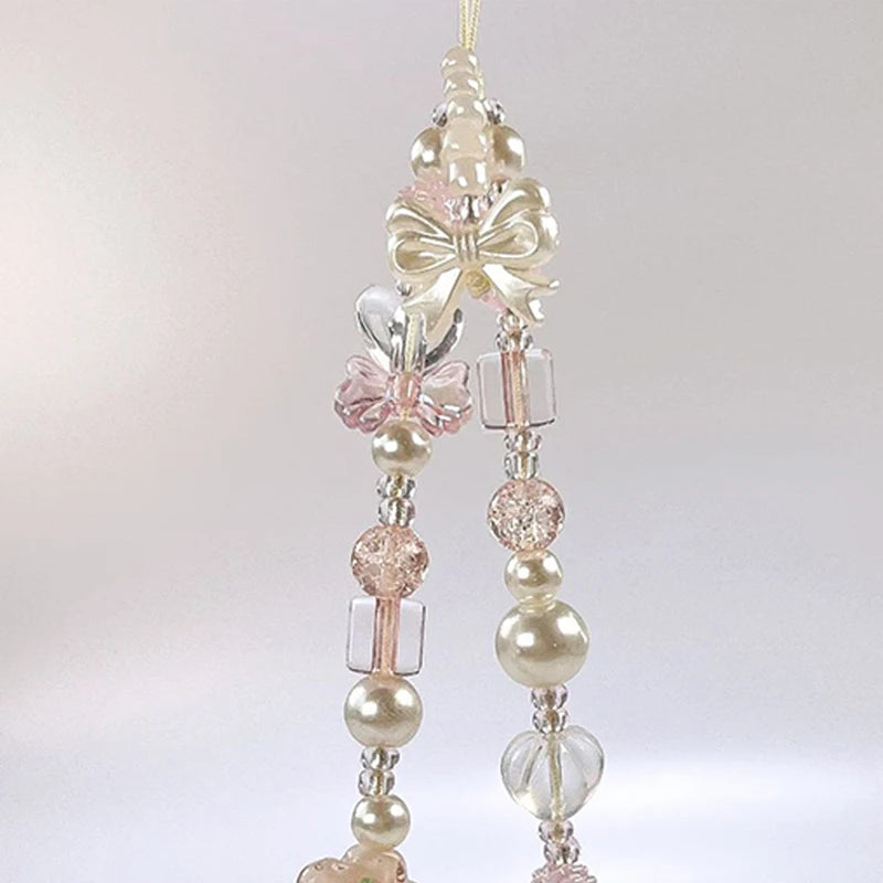 Glass Bowknot Flower Bead Phone Strap Lanyard Charm Keychain Pendant