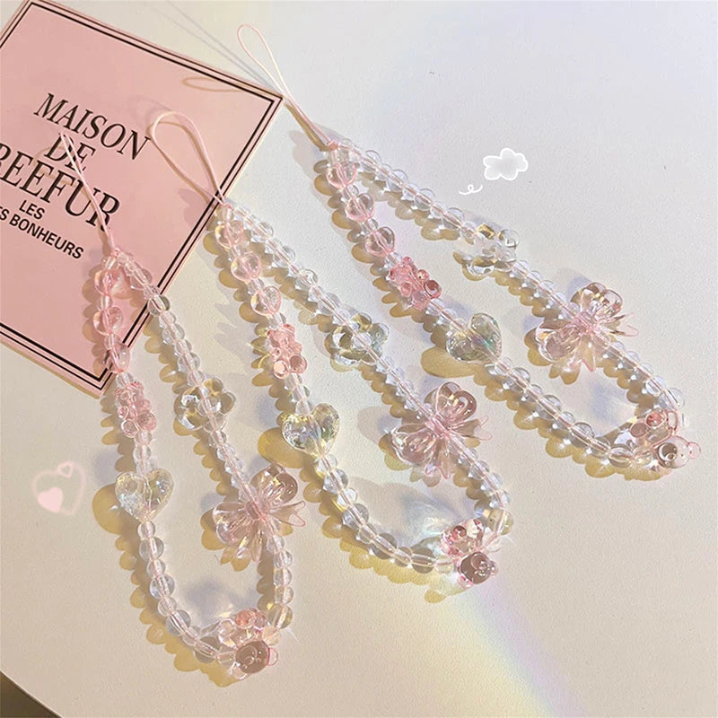 Korean Pink Bear Butterfly Flower Cute Phone Strap Charm Lanyard