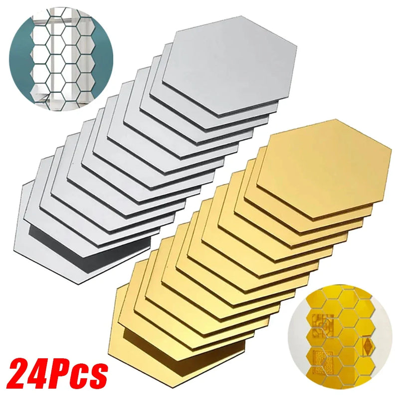 24 Pc 3D Mini Mirror Wall Stickers Hexagon Acrylic Decals