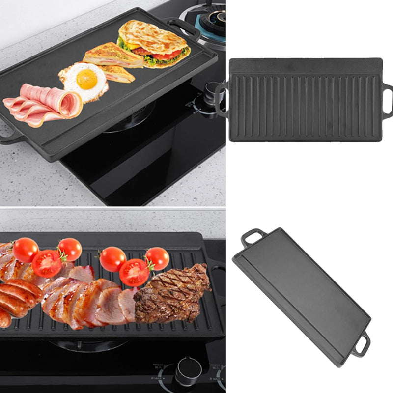 Non-stick Cast Iron Grill Pan Double Sided Ridged Flat Griddle