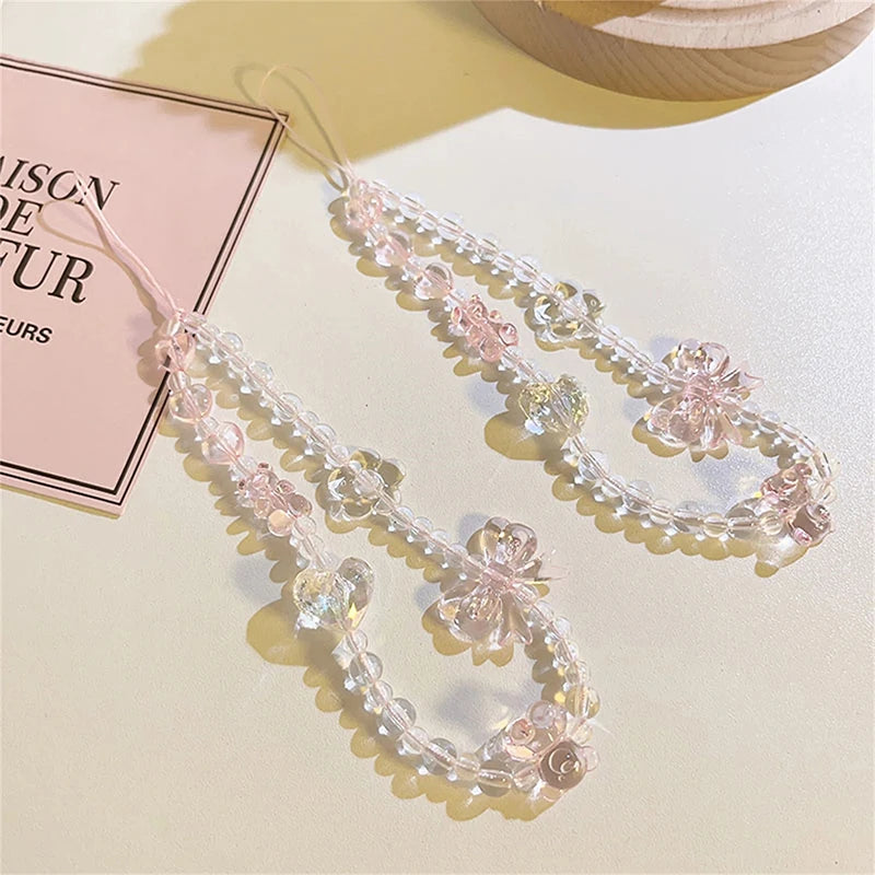 Korean Pink Bear Butterfly Flower Cute Phone Strap Charm Lanyard