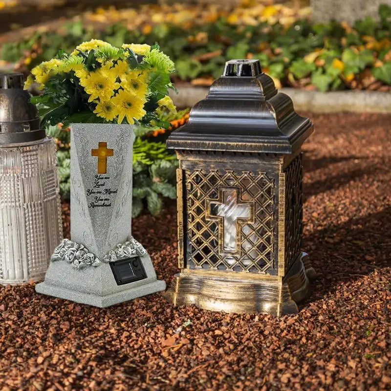 Cemetery Grave Flower Vase Solar LED Hand Painted Decorative Statue Flower Pot For Garden Lawn Courtyard Decorative Statue Vase