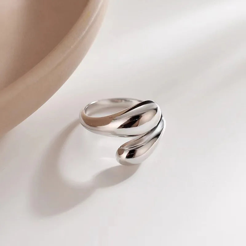 Stainless Steel Double Ball Beads Rings Open Gold Geometric Jewelry