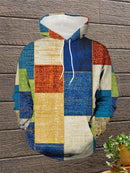 Men's Loose Hoodie Denim Plaid Patchwork Drawstring Pocket Sweatshirt