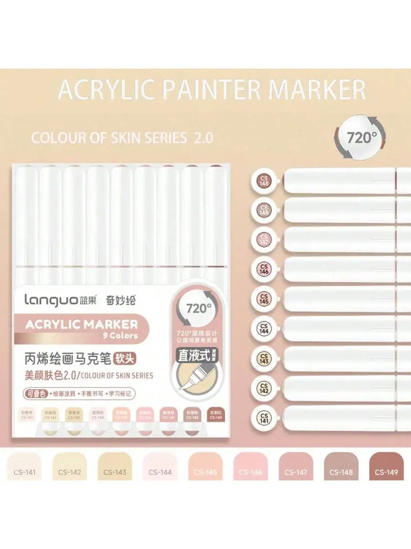 Languo 9pcs Acrylic Marker Pen Set Soft Brush Paint Pens For Art