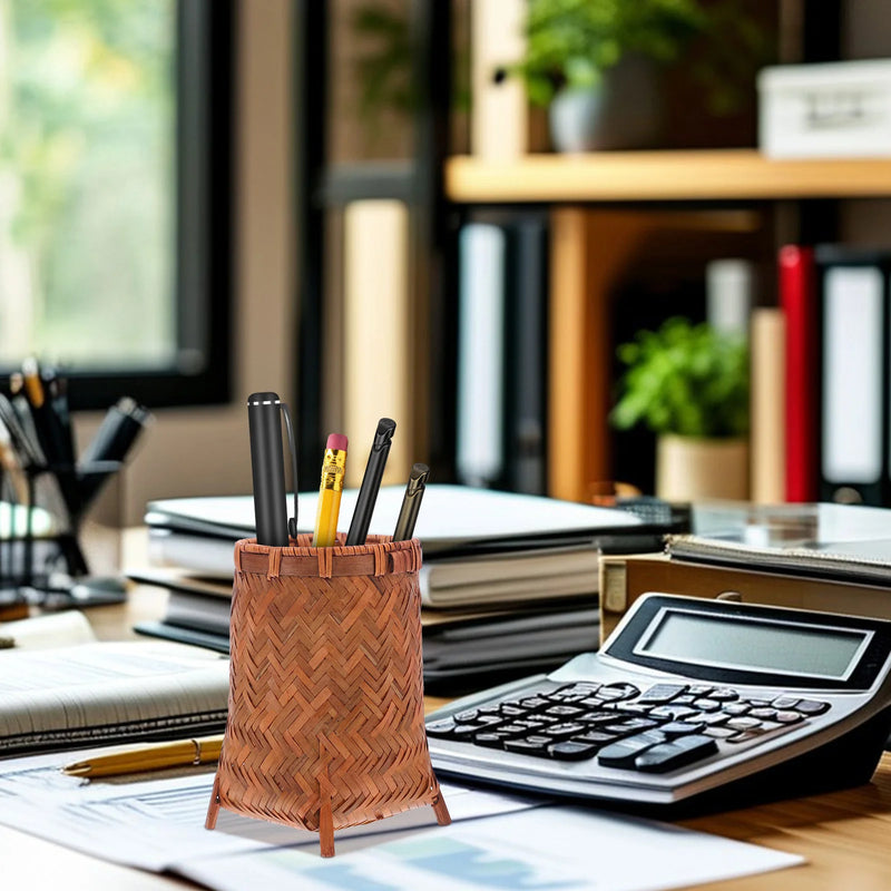 Wooden Pen Holder Bamboo Desk Organizer Brown Desktop Container