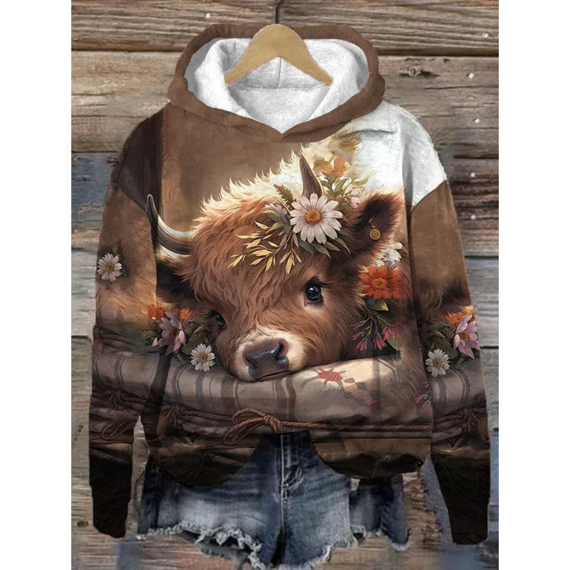 Highland Cow Hoodie 3D Print Unisex Animal Hooded Sweatshirt Pullovers