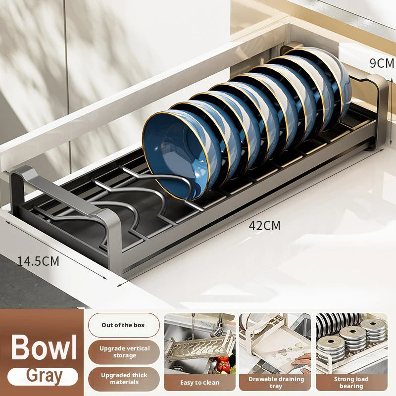 Pull Out Cabinet Shelf Stainless Steel Plate And Bowl Rack Organizer