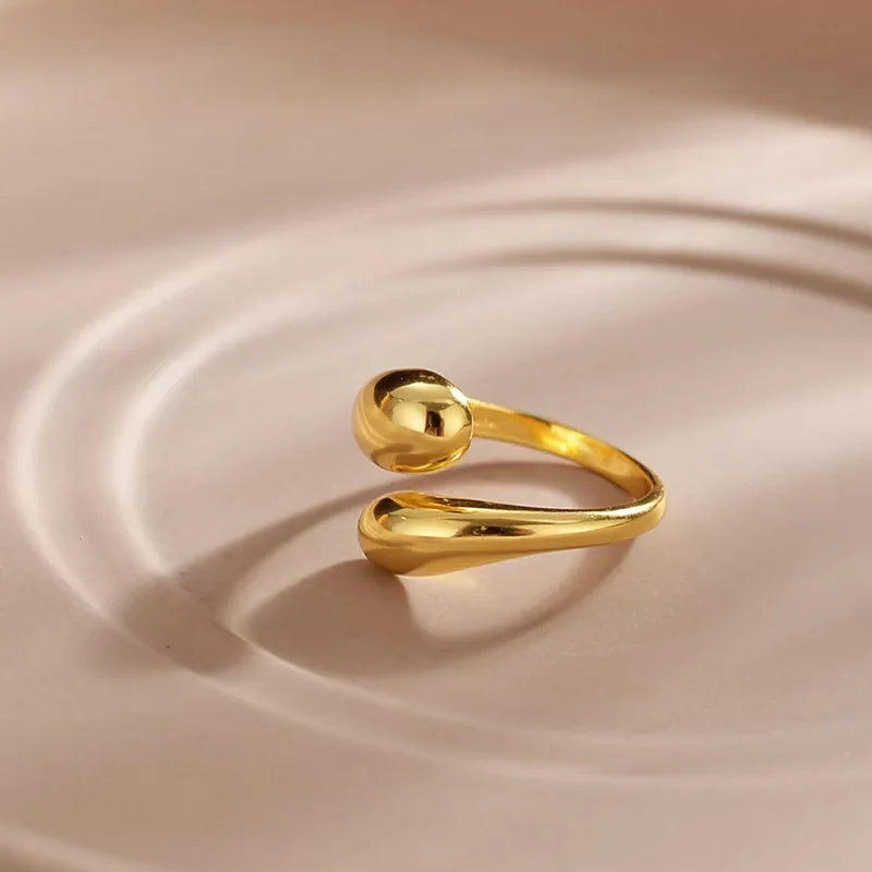 Stainless Steel Double Ball Beads Rings Open Gold Geometric Jewelry