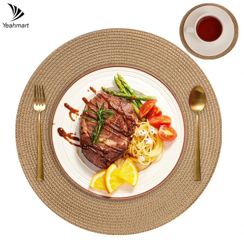 Set Of 6 Round Braided Placemats 34CM Woven Non-Slip Table Mats