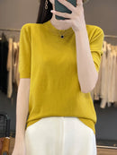 Women Short-Sleeved Knitwear Top O-Neck Lyocell Summer Tee