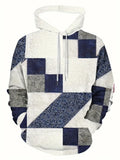 Men's Loose Hoodie Denim Plaid Patchwork Drawstring Pocket Sweatshirt