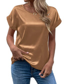 Women's Satin Shirt Short Sleeve Loose Casual Round Neck T-shirt