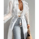 Women's Mesh Trench Coat Transparent Long Lace-up Belted Shirt