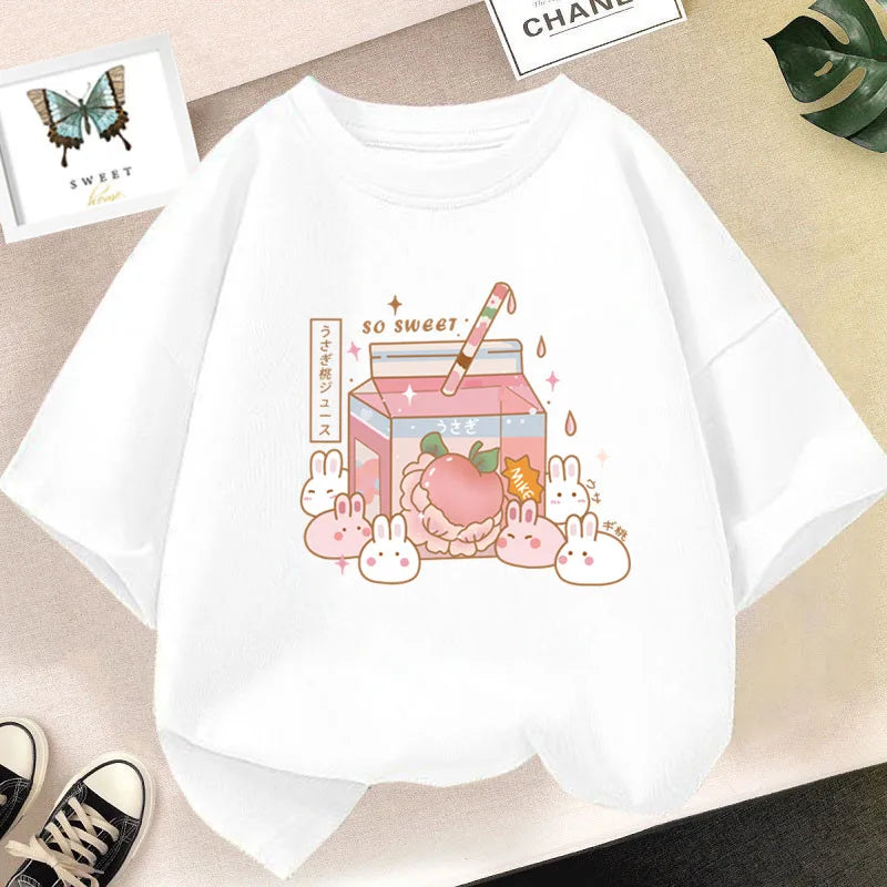 Girls Strawberry Milk Shake T-shirt Cute Pink Cartoon Short Sleeve Tee